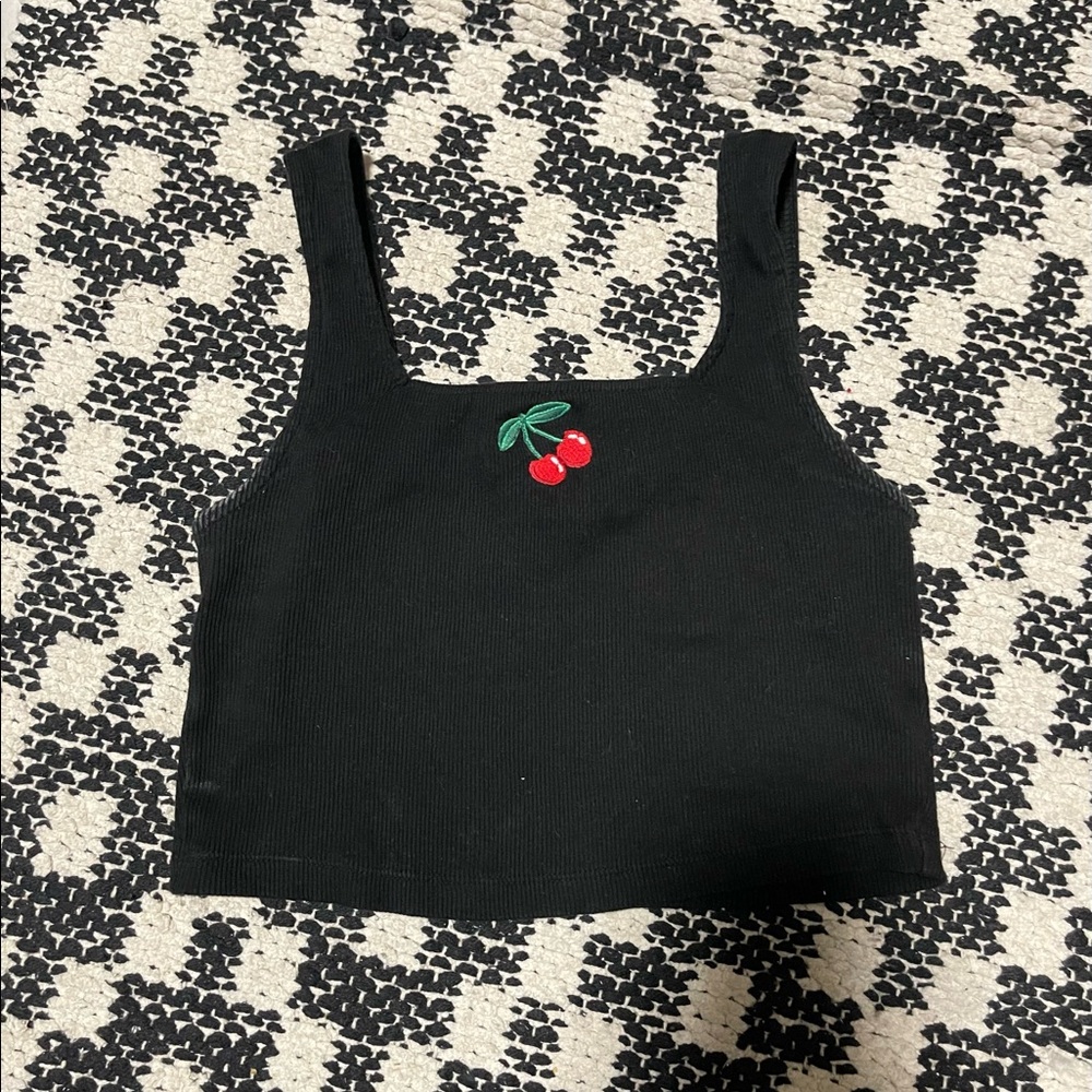 Black red cherry embroidered ribbed crop top